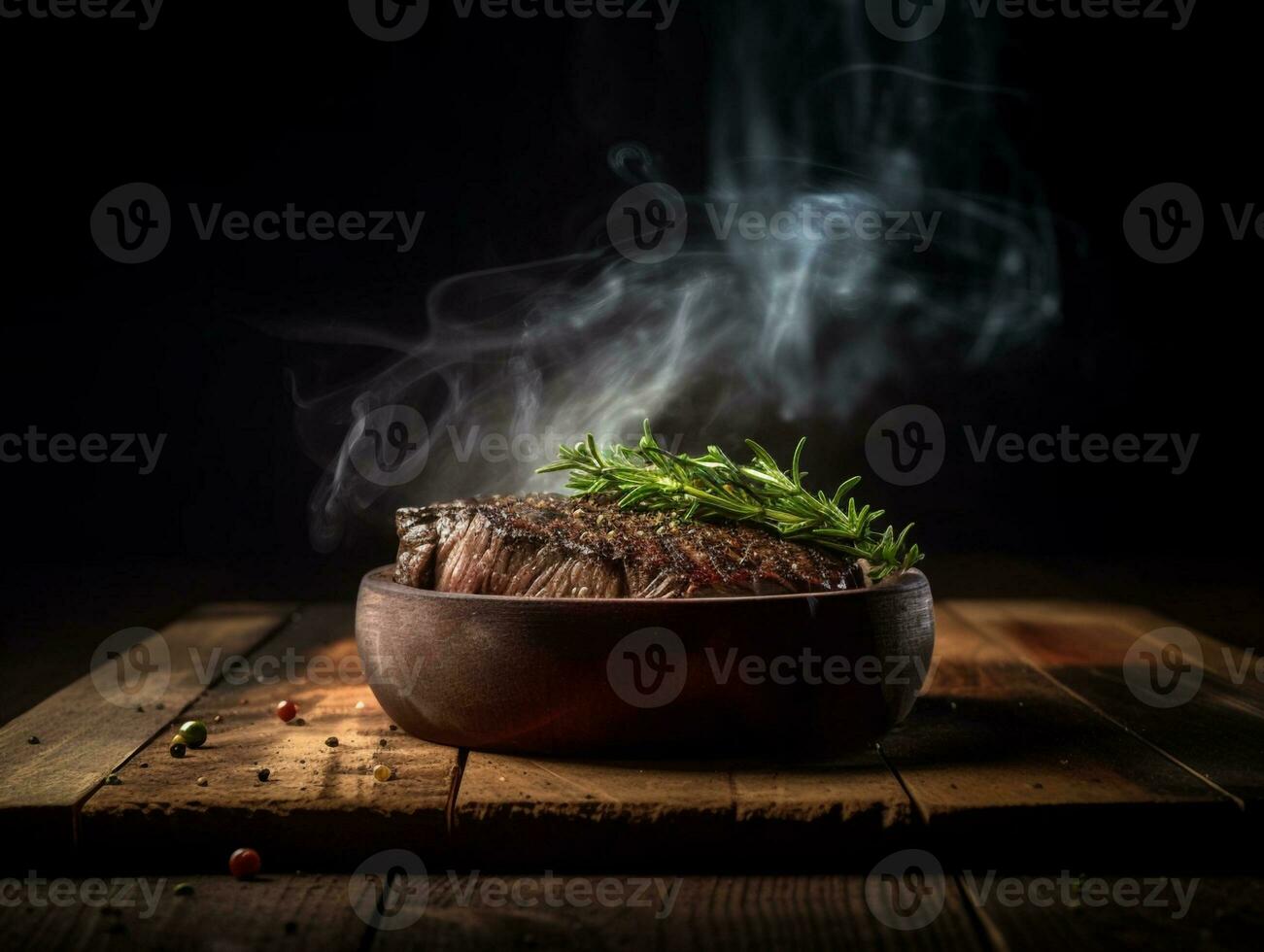 generativo ai. perfettamente cucinato Manzo bistecca su rustico di legno tavolo foto