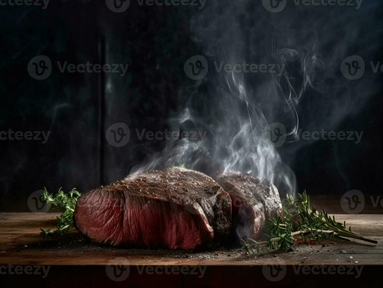 generativo ai. perfettamente cucinato Manzo bistecca su rustico di legno tavolo foto