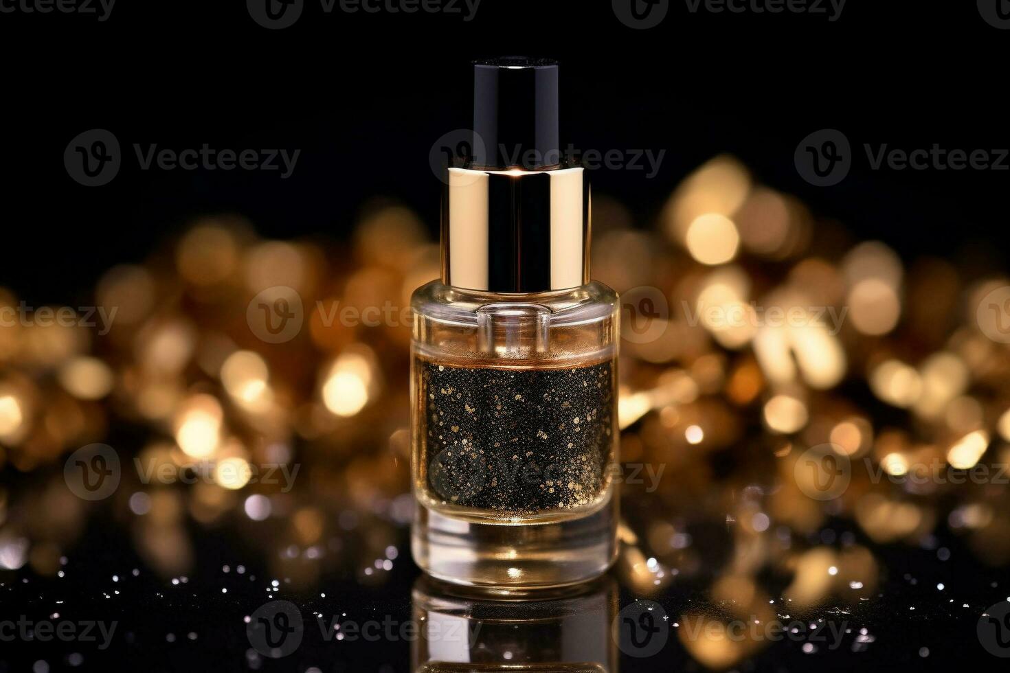 bottiglia regalo gabinetto acqua profumo su un' sfondo di d'oro bokeh luci. davanti Visualizza. avvicinamento. sfocato luccicante sfondo. generativo ai. foto