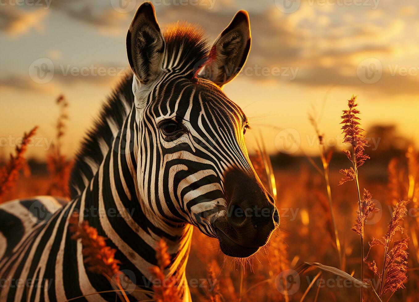 zebra nel il campo retroilluminato caldo illuminazione tramonto natura. generativo ai. foto