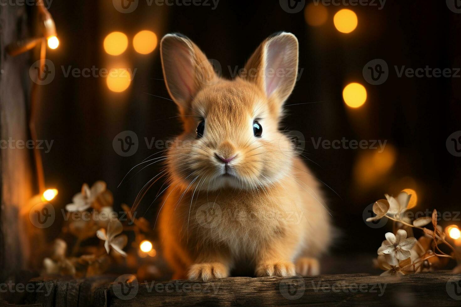 carino coniglio sedersi su il legna leggero bokeh. generativo ai. foto