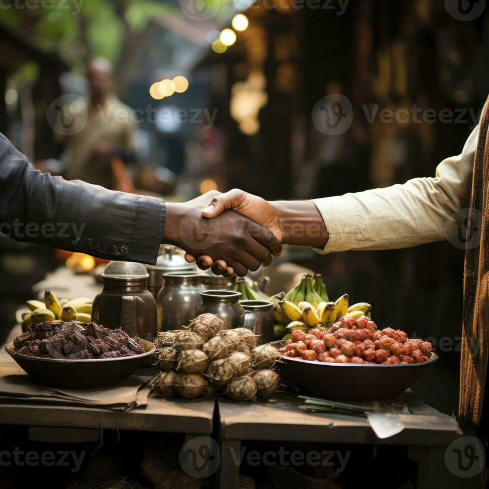 incontro fra acquirenti e venditori nel tradizionale mercati, strette di mano, i saldi, attività commerciale, economia, frutta mercato, acquisto e vendita di merce. generativo ai concetto foto