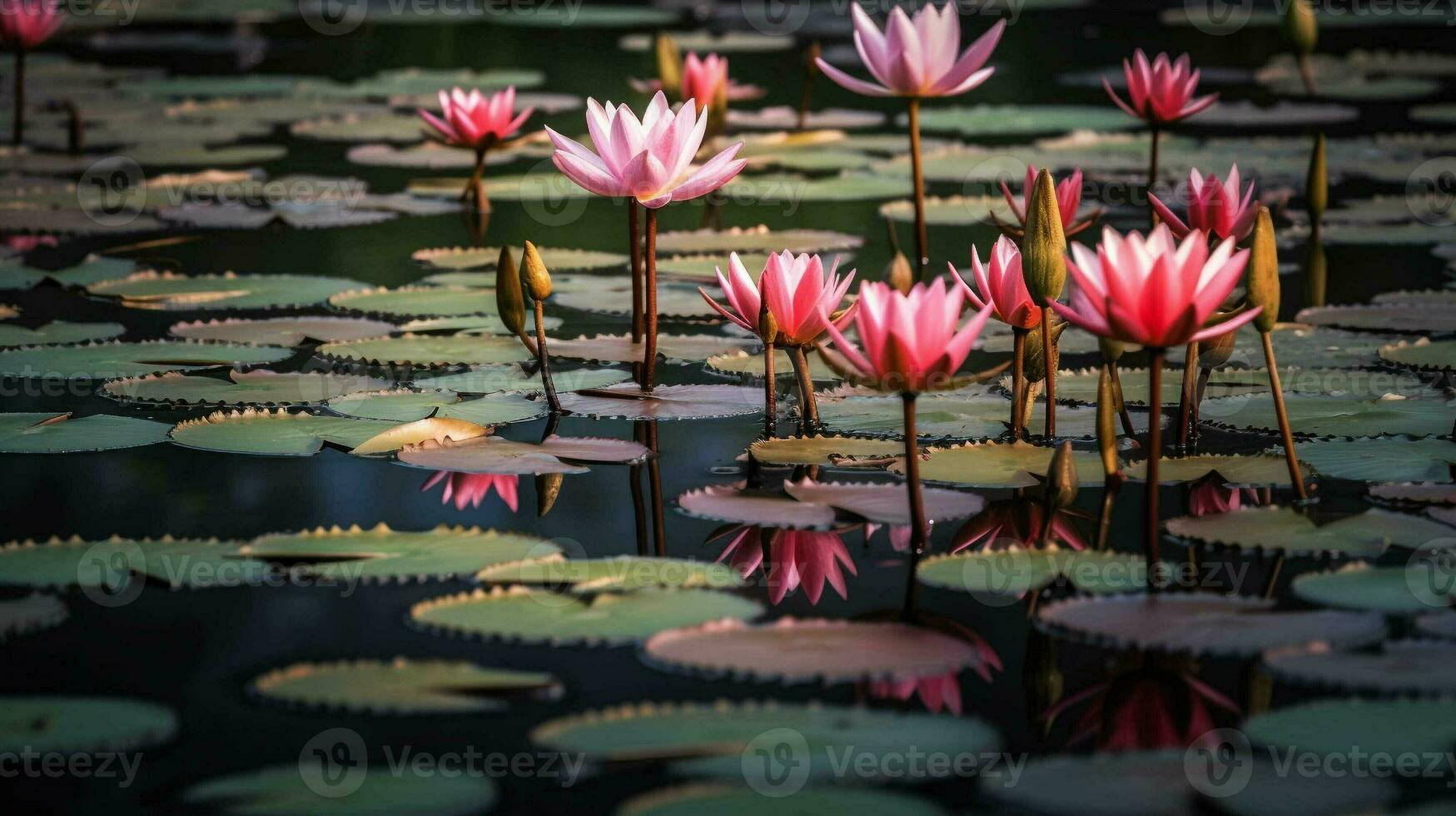 bellezza fiorire loto fiore nel stagno e riflessione su superficie. generativo ai. foto
