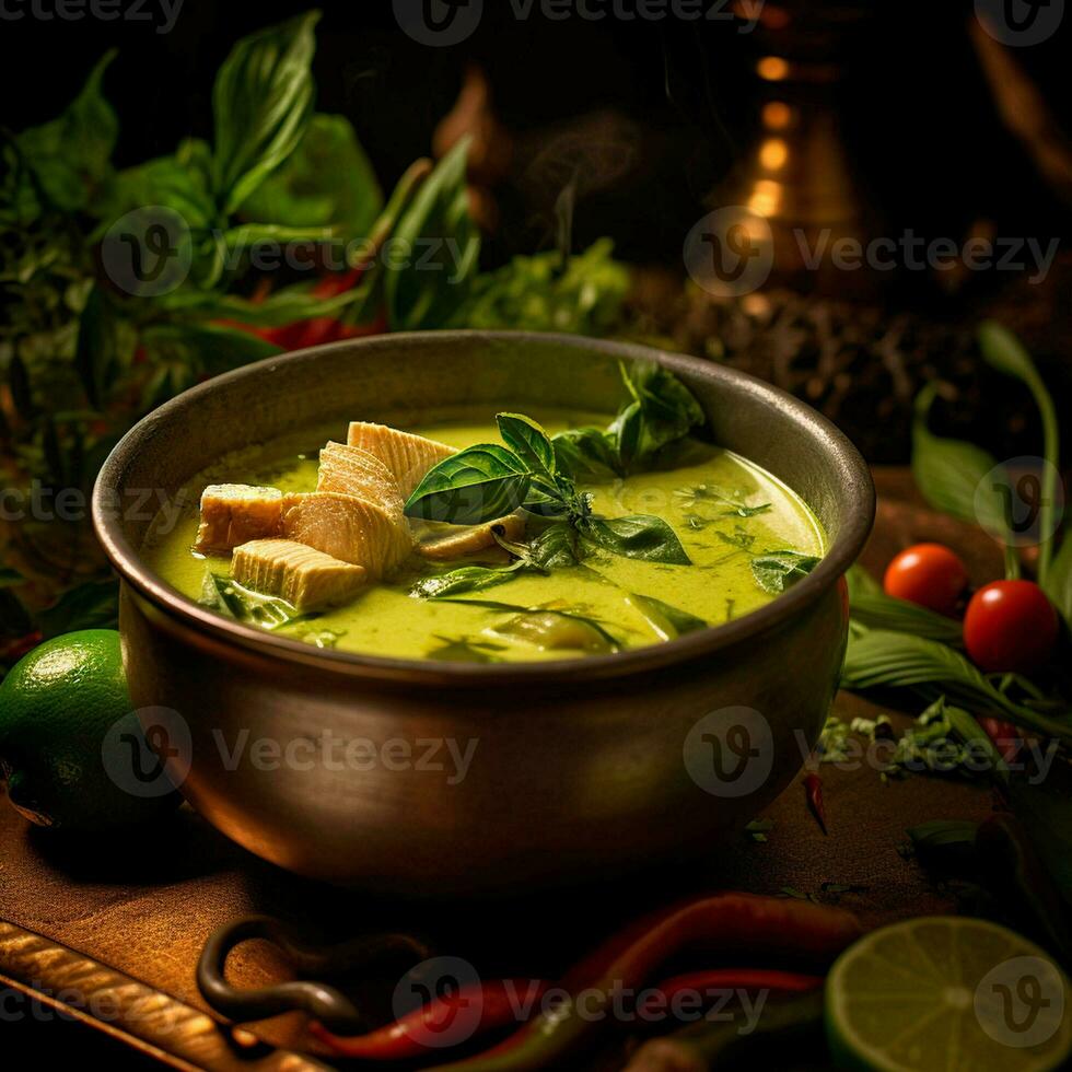 pollo verde curry nel un' ciotola, tailandese cibo. generativo ai. foto