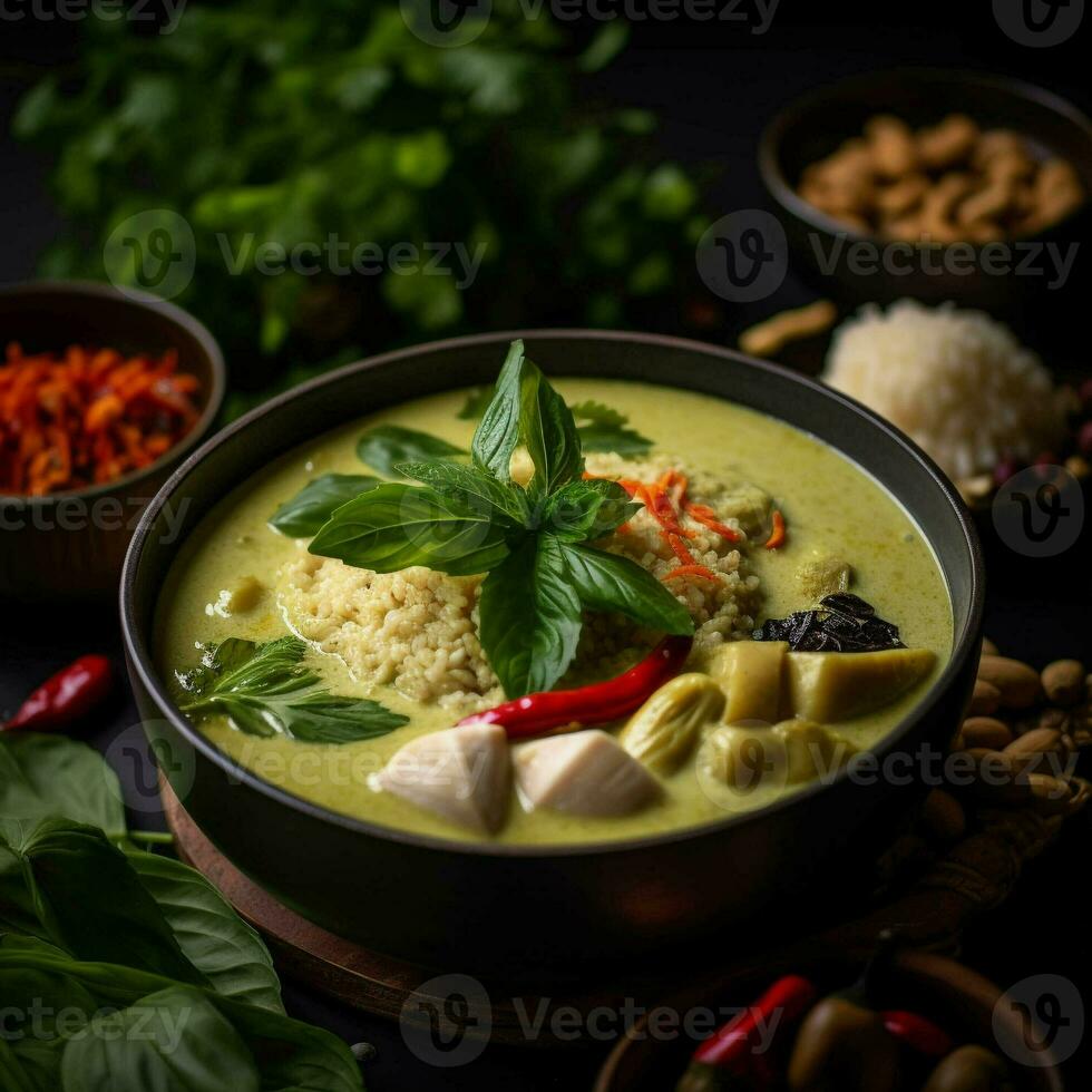 pollo verde curry nel un' ciotola, tailandese cibo. generativo ai. foto