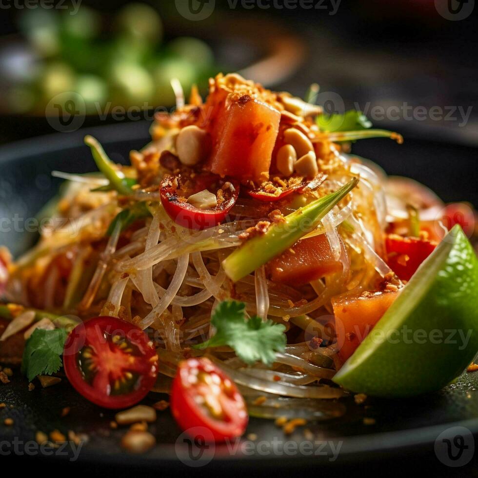 somtum o papaia insalata nel tailandese su di legno tavolo .verde papaia insalata nel piatto su buio di legno background.thai cibo concetto. generativo ai. foto