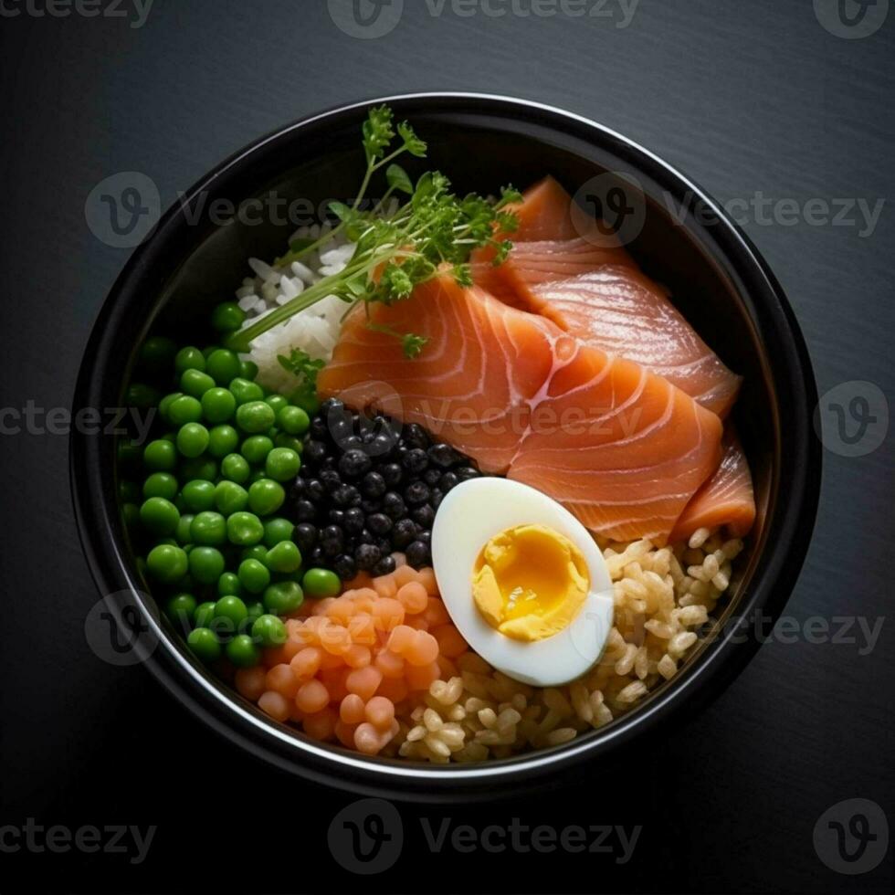 delizioso pasto di diverso , uovo, salmone, cereali pomodori, sesamo semi e alga marina nel nero piatto, asiatico cucina. generativo ai. foto