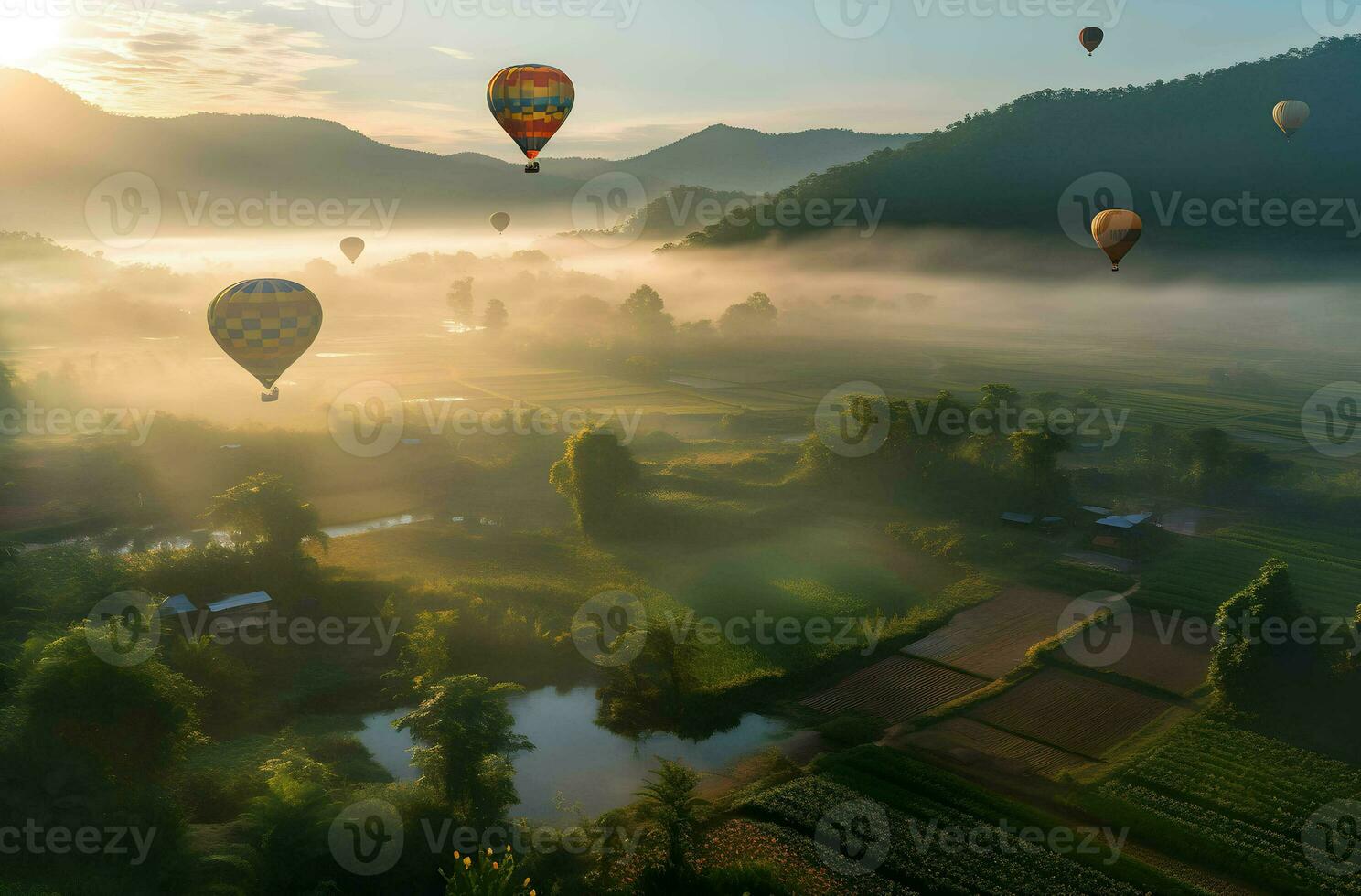 caldo aria palloncini volare al di sopra di rurale paesaggio con generativo ai. foto