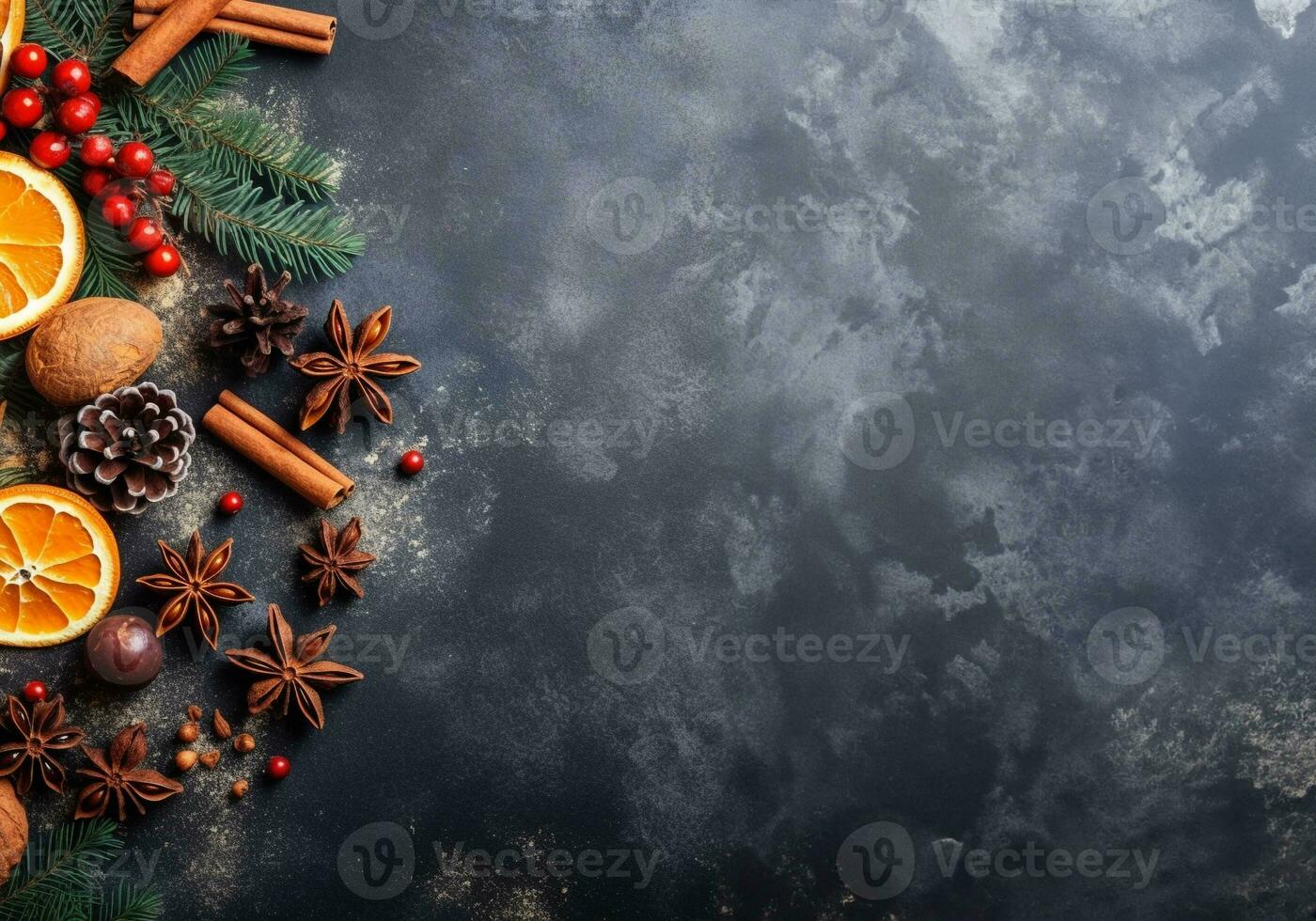 Natale sfondo con copia spazio e festivo decorazioni su buio grunge sfondo. generativo ai. foto