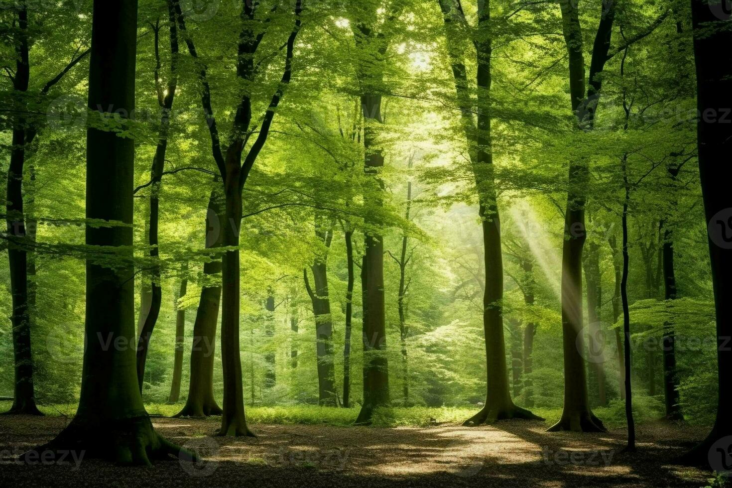 bellissimo autunno sole travi nel foresta. generativo ai. foto