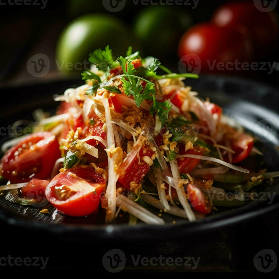 somtum o papaia insalata nel tailandese su di legno tavolo .verde papaia insalata nel piatto su buio di legno background.thai cibo concetto. generativo ai. foto