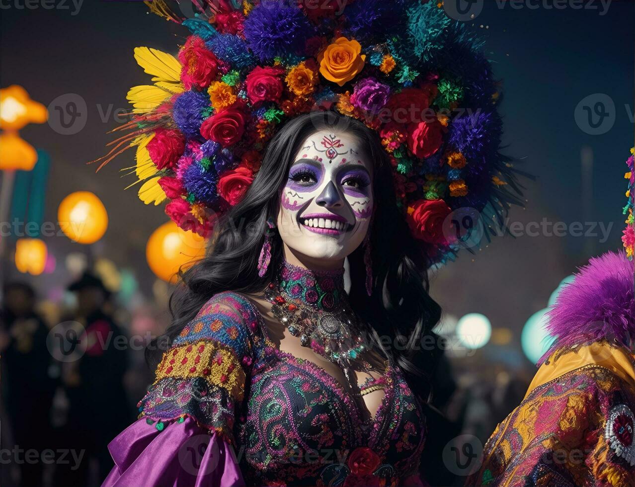 bellissimo donna con dipinto cranio su sua viso per del messico giorno di il morto, ai generativo foto