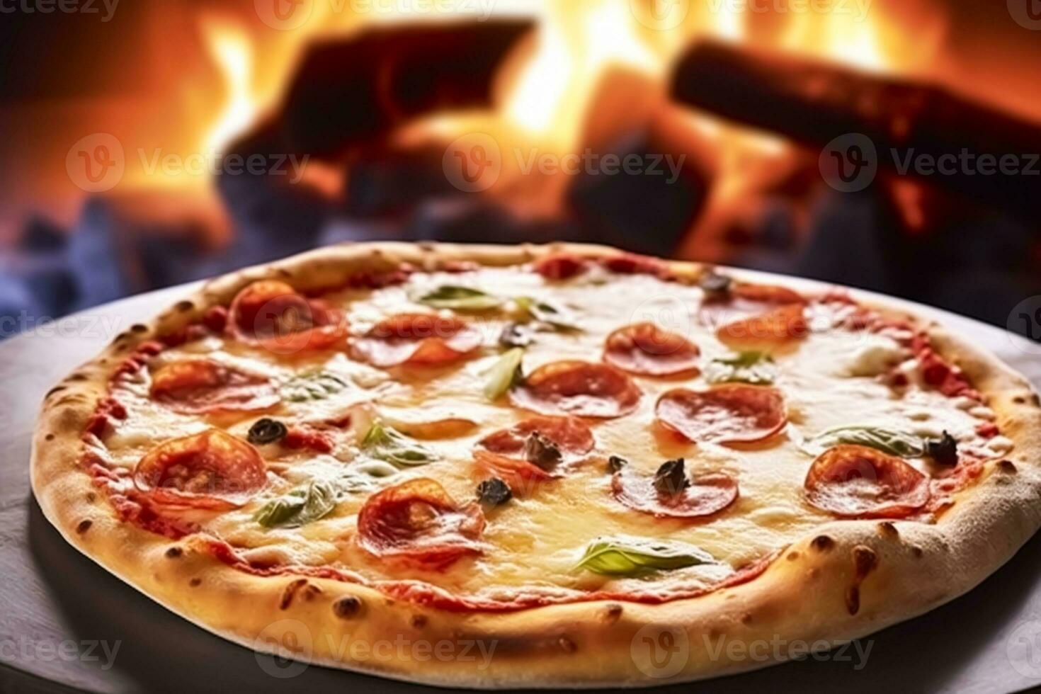 Pizza capricciosa fatti in casa con fuoco nel il forno, in linea consegna a partire dal pizzeria, prendere lontano e italiano veloce cibo, generativo ai foto