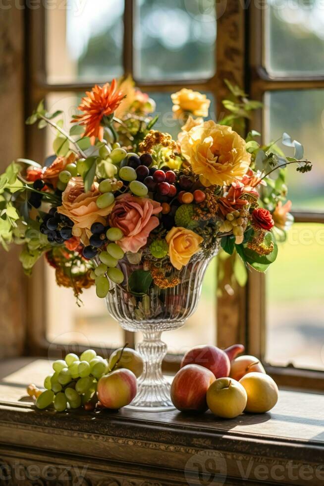 nazione vita, giardino fiori e floreale arredamento, autunnale fiore mazzo nel vaso, nazione Villetta stile, generativo ai foto