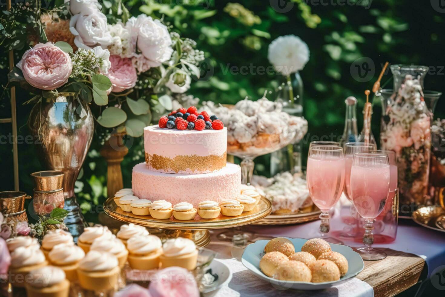 nozze torta con floreale arredamento, festa celebrazione e vacanza dolce ristorazione nel un' nazione giardino, generativo ai foto