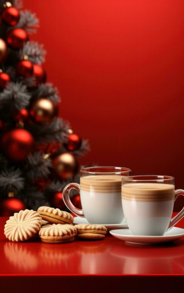 Natale illustrazione con caffè e biscotti su rosso tavolo foto