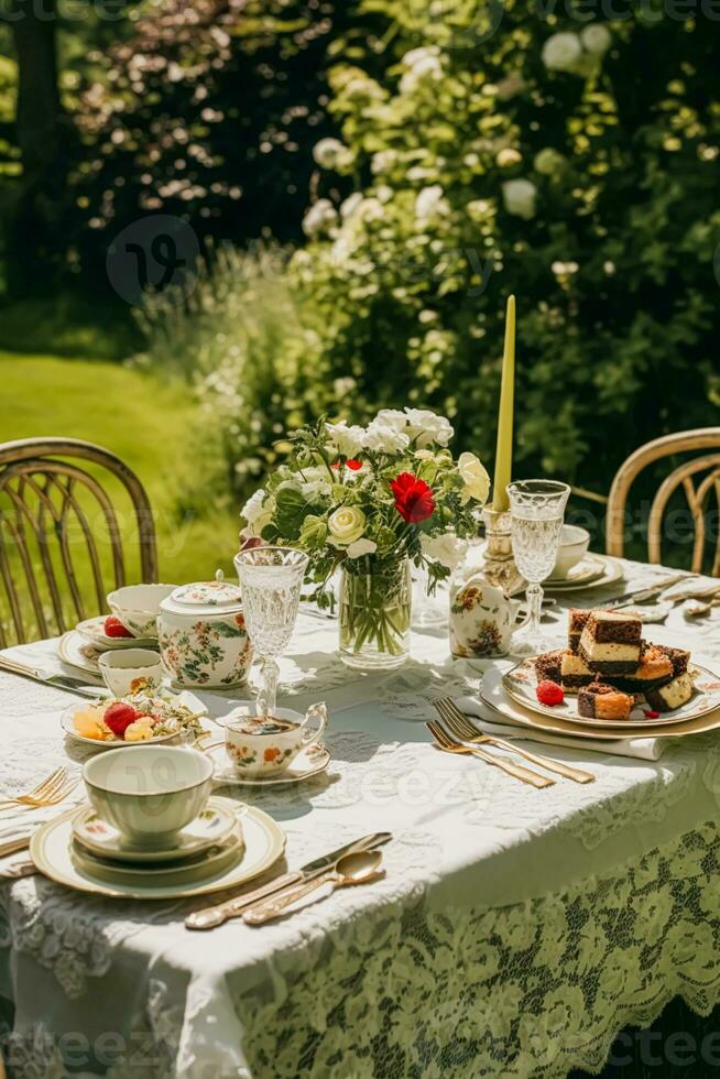 nazione tavolozza, formale cena tavolo ambientazione, tavolo fuga con fragola decorazione per nozze festa e vacanza evento celebrazione, generativo ai foto