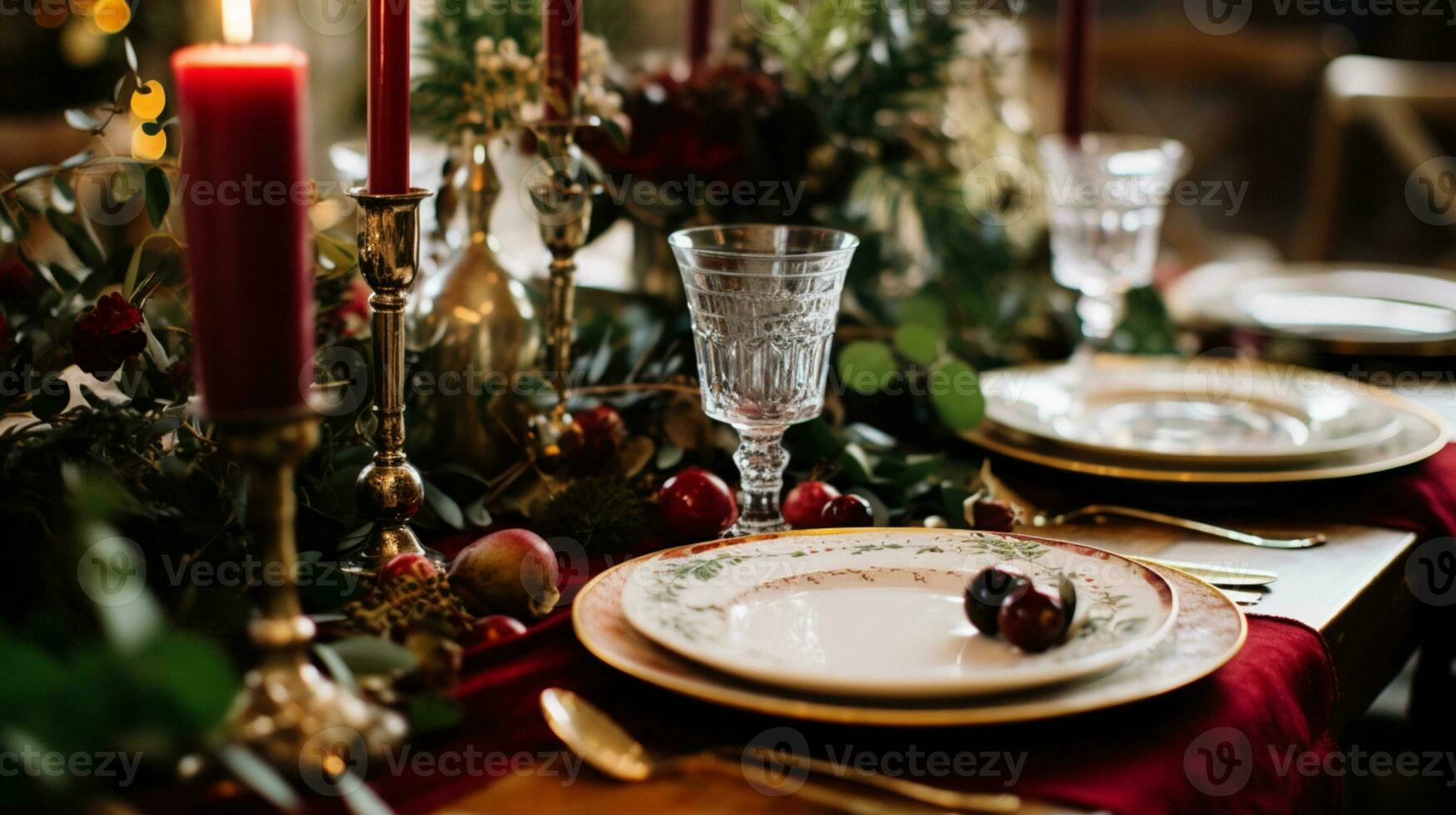 vacanza tavolo arredamento, Natale vacanze celebrazione, tablescape e cena tavolo ambientazione, inglese nazione decorazione e casa messa in piega foto