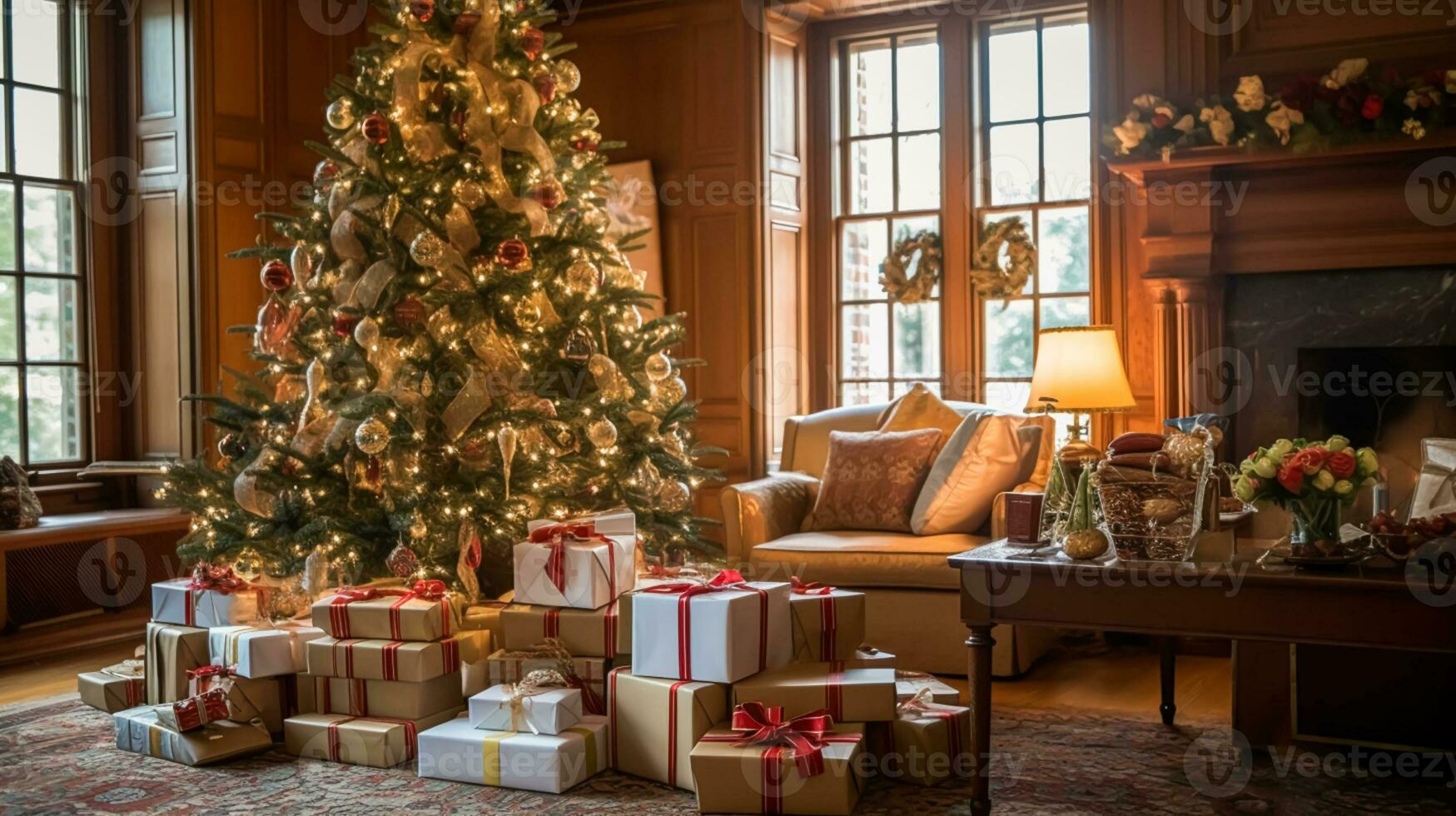 Natale i regali, contento vacanze e vacanza celebrazione, avvolto regalo scatole, regali e decorato Natale albero, generativo ai foto