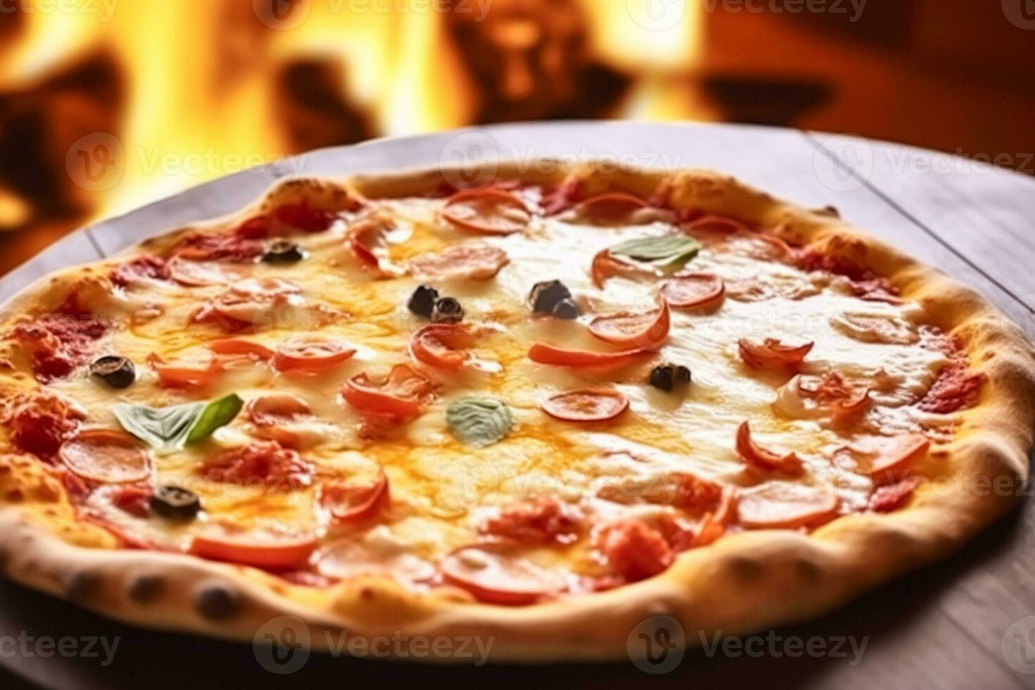 Pizza capricciosa fatti in casa con fuoco nel il forno, in linea consegna a partire dal pizzeria, prendere lontano e italiano veloce cibo, generativo ai foto