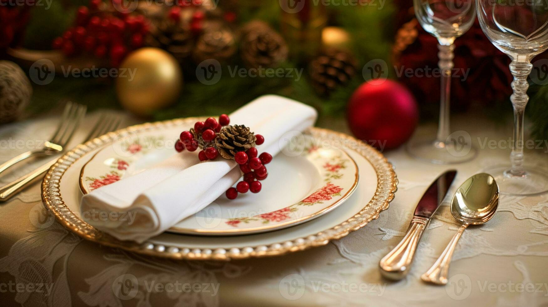 vacanza tavolo arredamento, Natale vacanze celebrazione, tablescape e cena tavolo ambientazione, inglese nazione decorazione e casa messa in piega foto