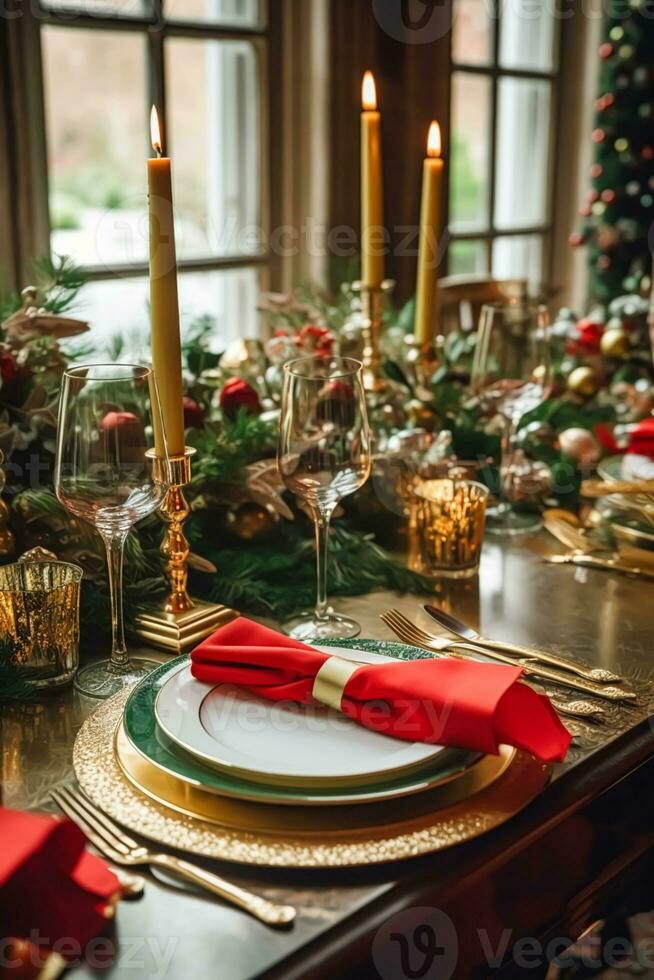 Natale tavolo scappa, elegante formale cena tavolo ambientazione, tablescape con vacanza decorazione per festa evento celebrazione, generativo ai foto