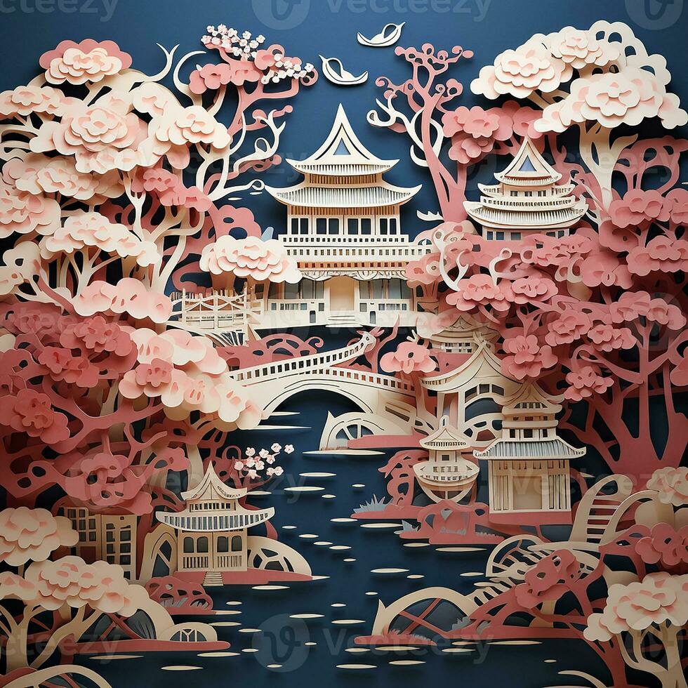carta tagliare stile, giapponese giardino con ciliegia fiori. decorazione con meravigliosamente fioritura ciliegia alberi, sakura e giapponese pagode foto