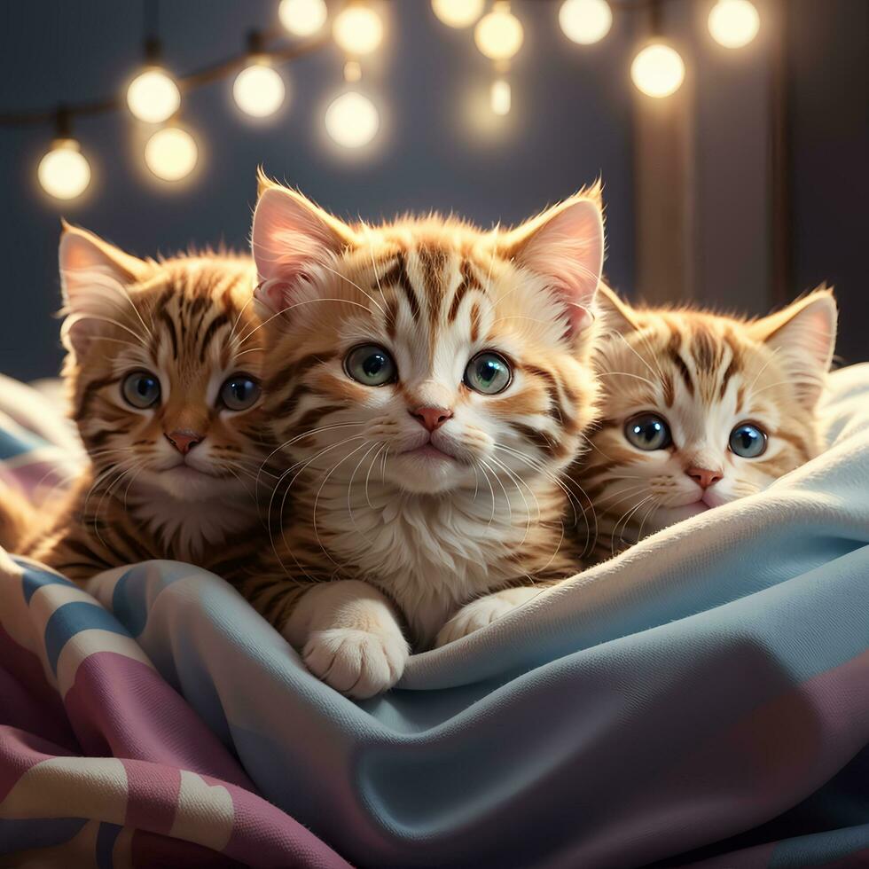 un' gruppo di adorabile gattini coccolato su insieme nel un' accogliente coperta forte arte di ai generativo foto