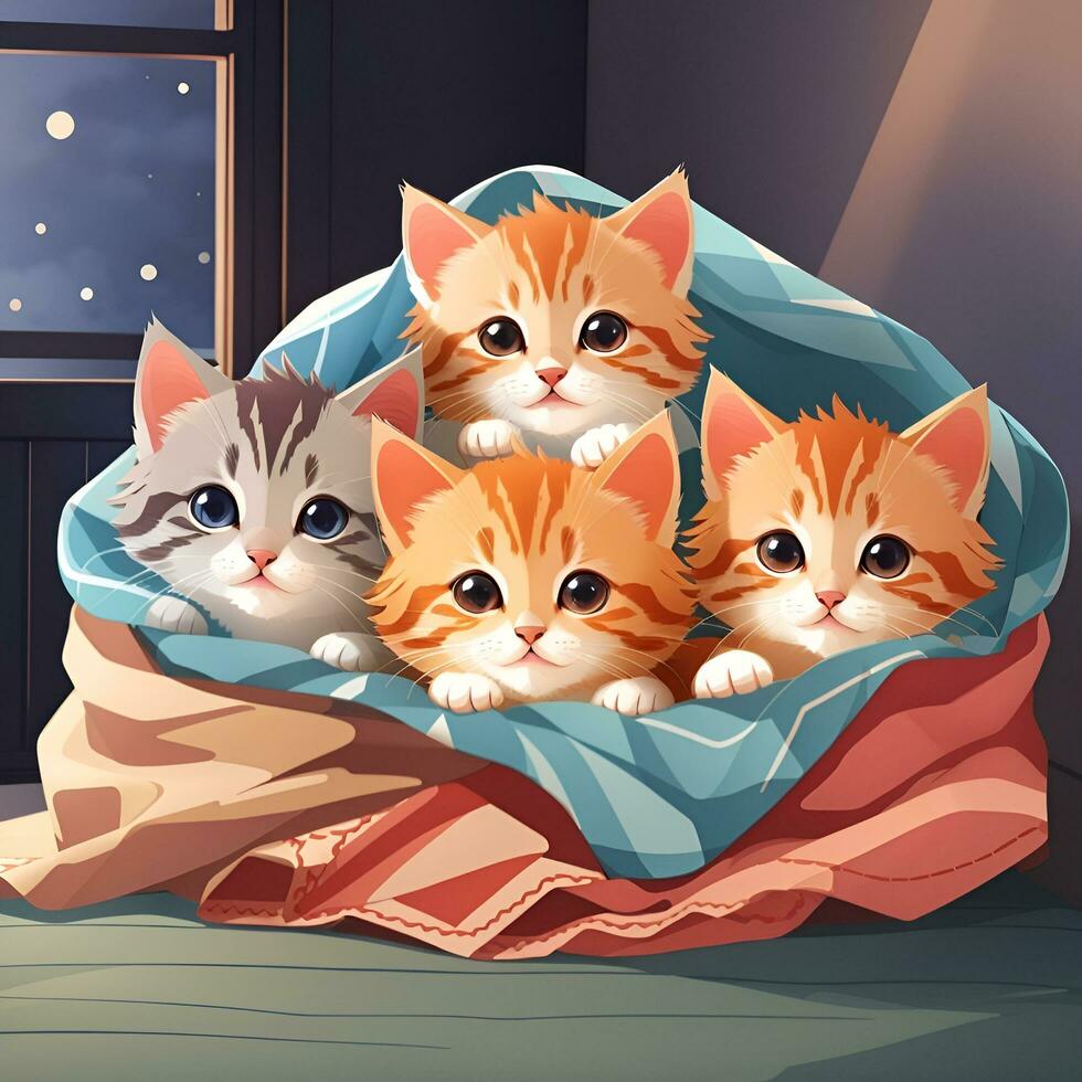 un' gruppo di adorabile gattini coccolato su insieme nel un' accogliente coperta forte illustrazione arte di ai generativo foto