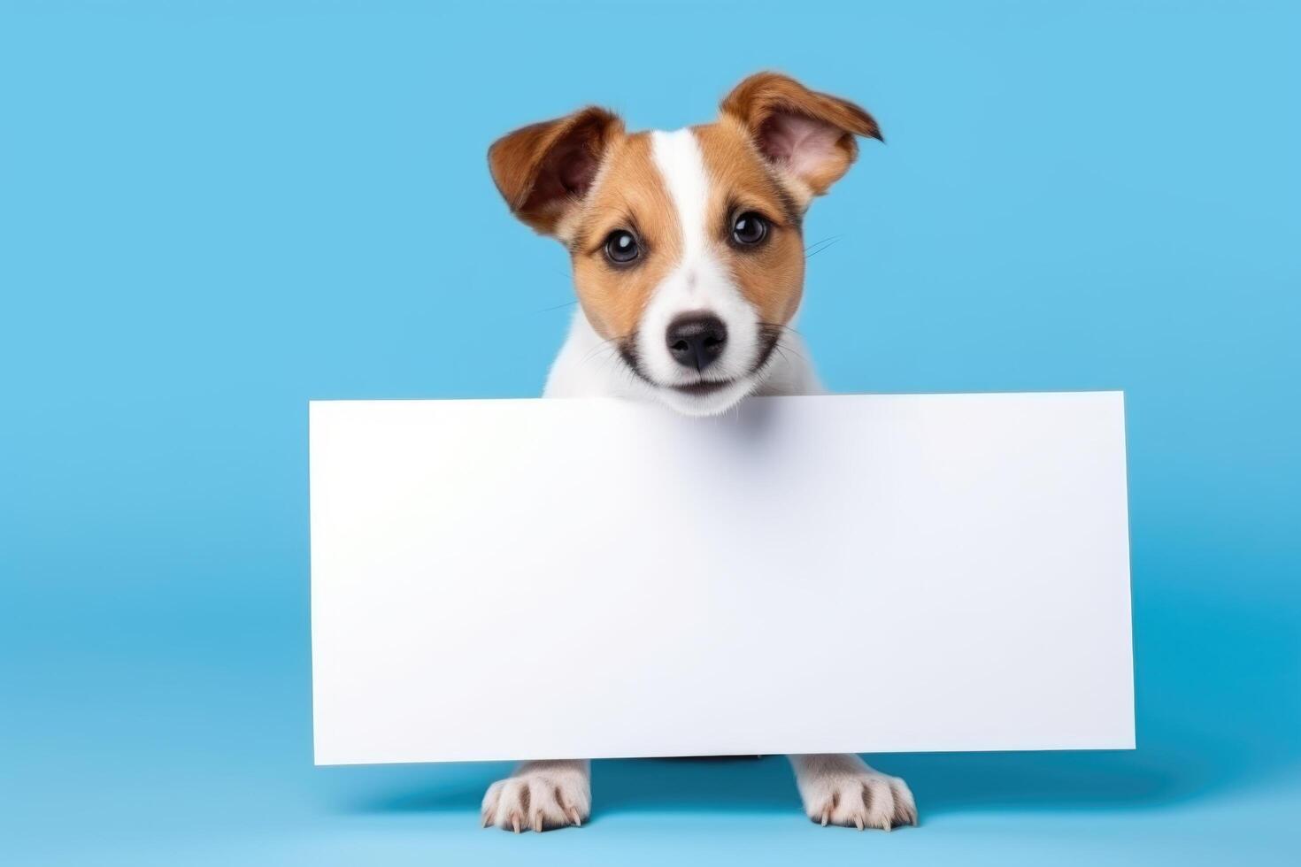 cane Tenere un' vuoto cartello tavola su un' blu sfondo ai generativo foto