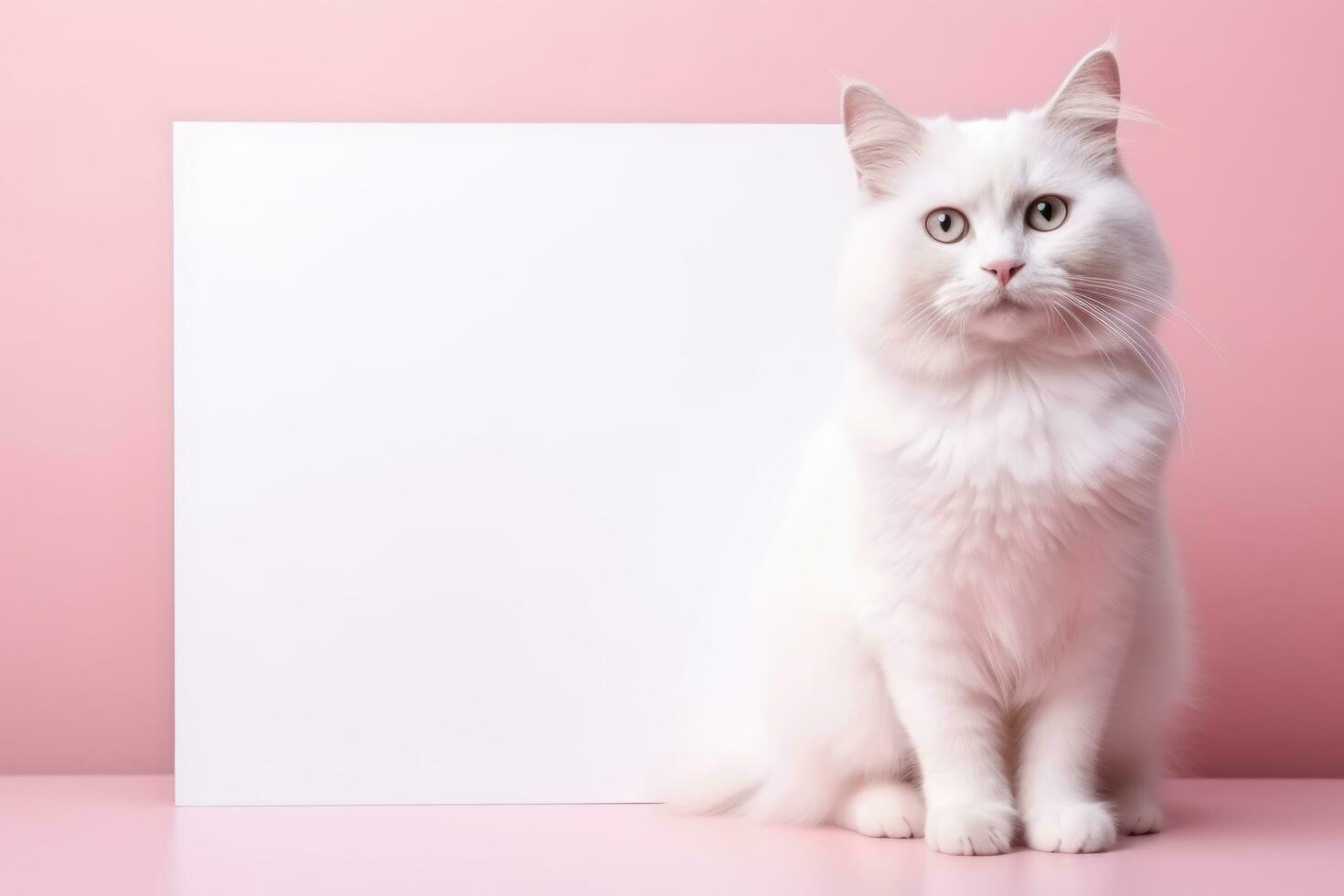 bellissimo bianca gattino seduta Il prossimo per un' vuoto cartello su un' rosa sfondo ai generativo foto