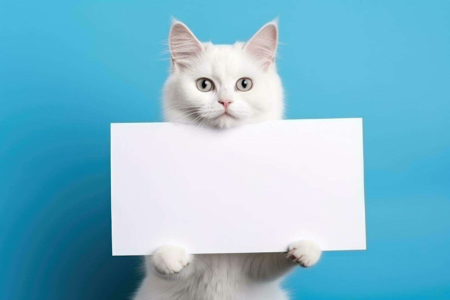 bianca gatto Tenere un' cartello su un' blu sfondo ai generativo foto