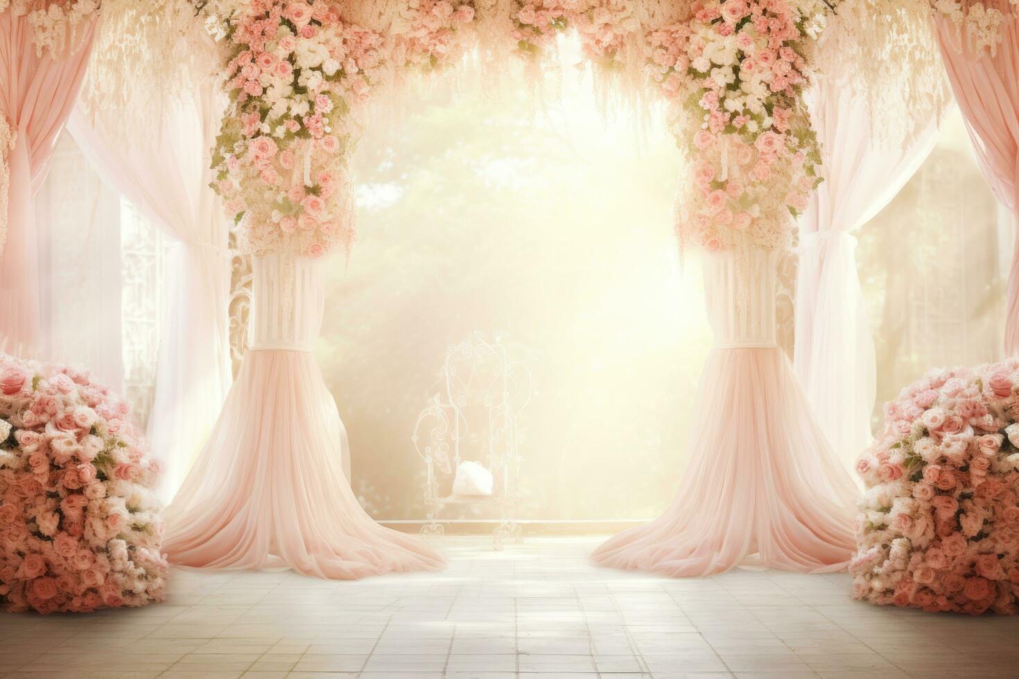bellissimo romantico nozze arco decorato con rosa e bianca fiori ai generativo foto