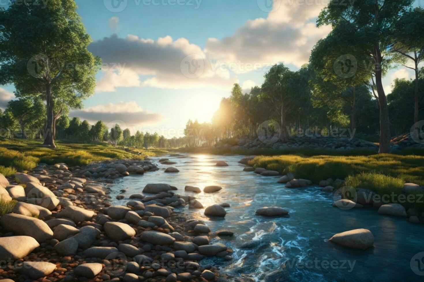 foresta fiume con pietre su sponde a tramonto. ai generato foto
