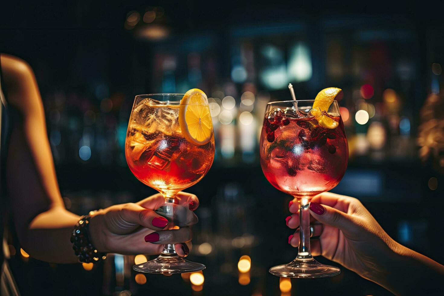Due femmina mani Tenere bicchieri di rosso cocktail con ghiaccio e Limone su il bar sfondo, ritagliata Immagine di femmina amici tintinnante bicchieri con cocktail a bar contatore, ai generato foto