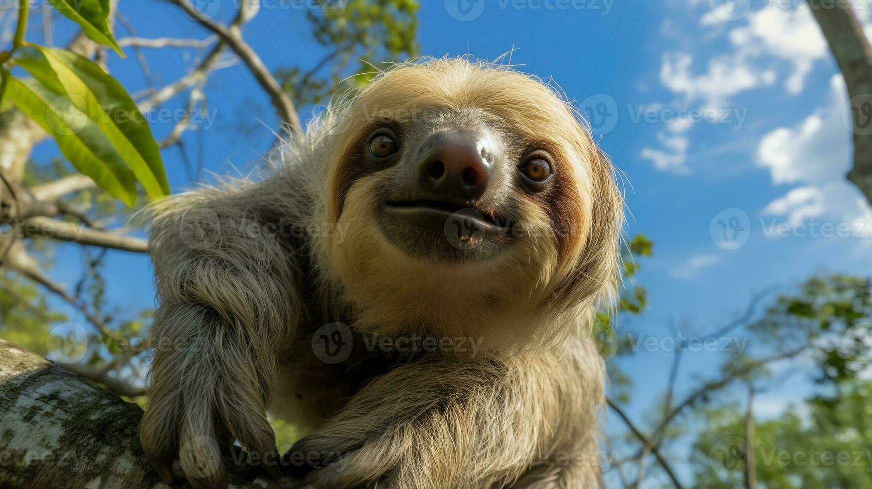 foto di bradipo nel là foresta con blu cielo. generativo ai