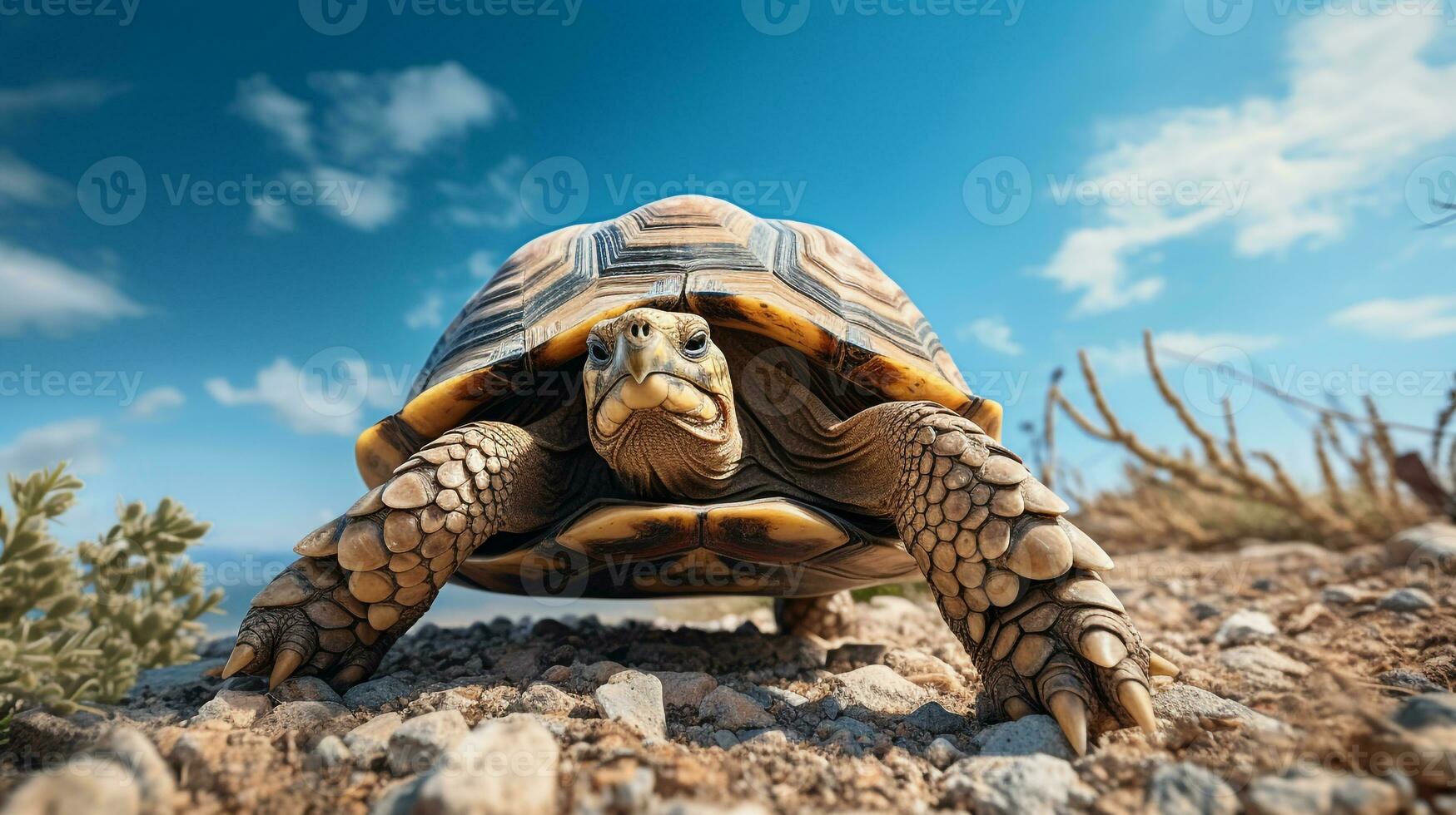 foto di un' tartaruga sotto blu cielo. generativo ai