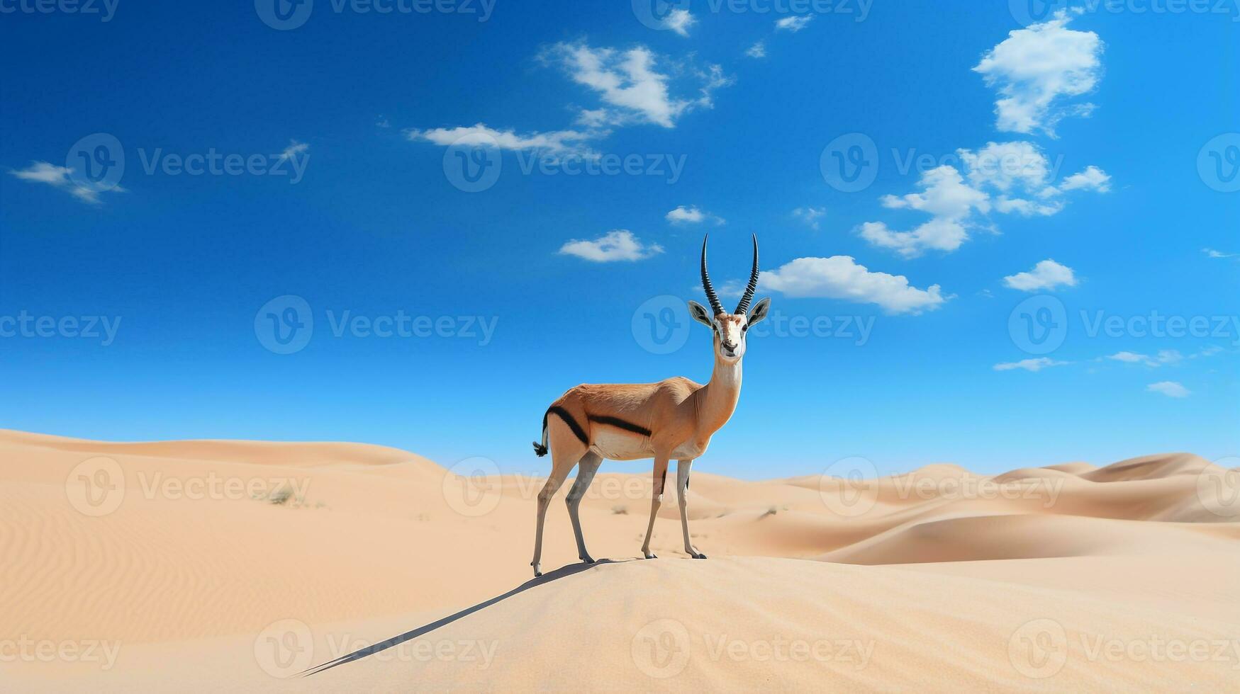 foto di un' sabbia gazzella nel un' deserto con blu cielo. generativo ai