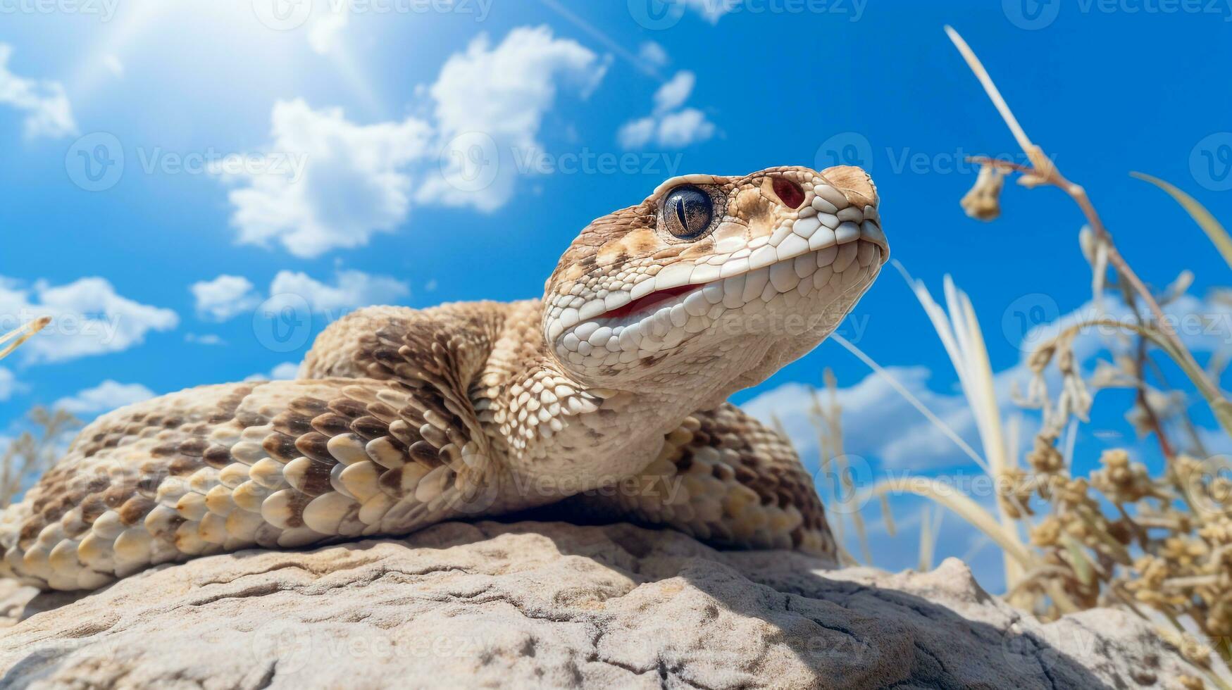 foto di un' sidewinder serpente a sonagli nel un' deserto con blu cielo. generativo ai