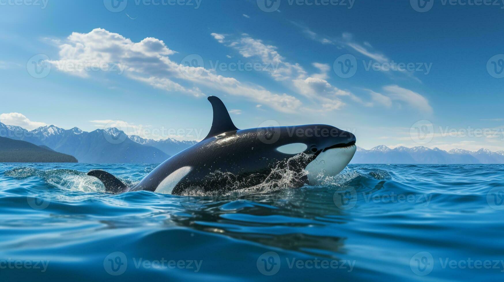 foto di un' uccisore balena sotto blu cielo. generativo ai