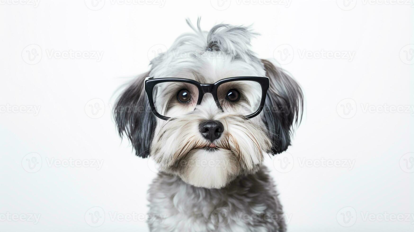 foto di un' havanese cane utilizzando occhiali isolato su bianca sfondo. generativo ai