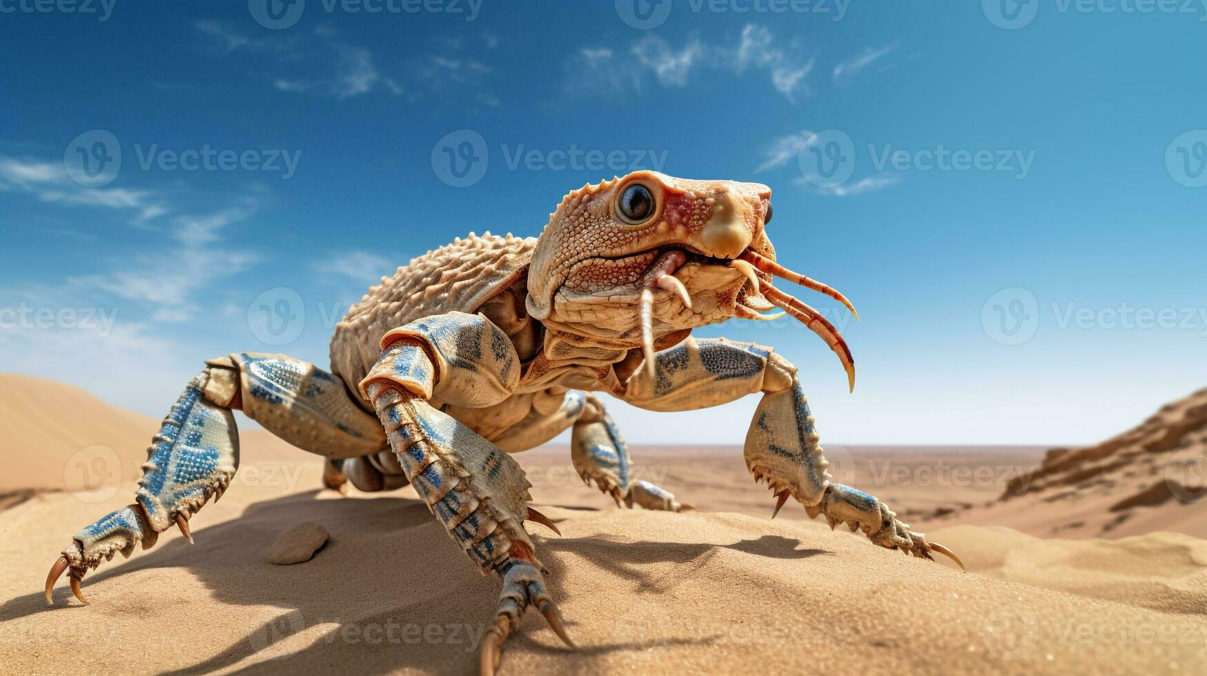 foto di un' deserto scorpione nel un' deserto con blu cielo. generativo ai