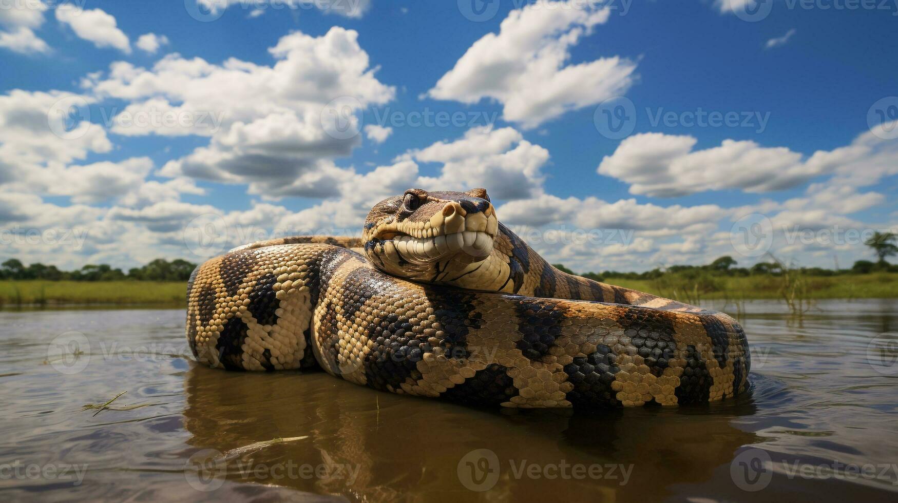 foto di un' anaconda sotto blu cielo. generativo ai