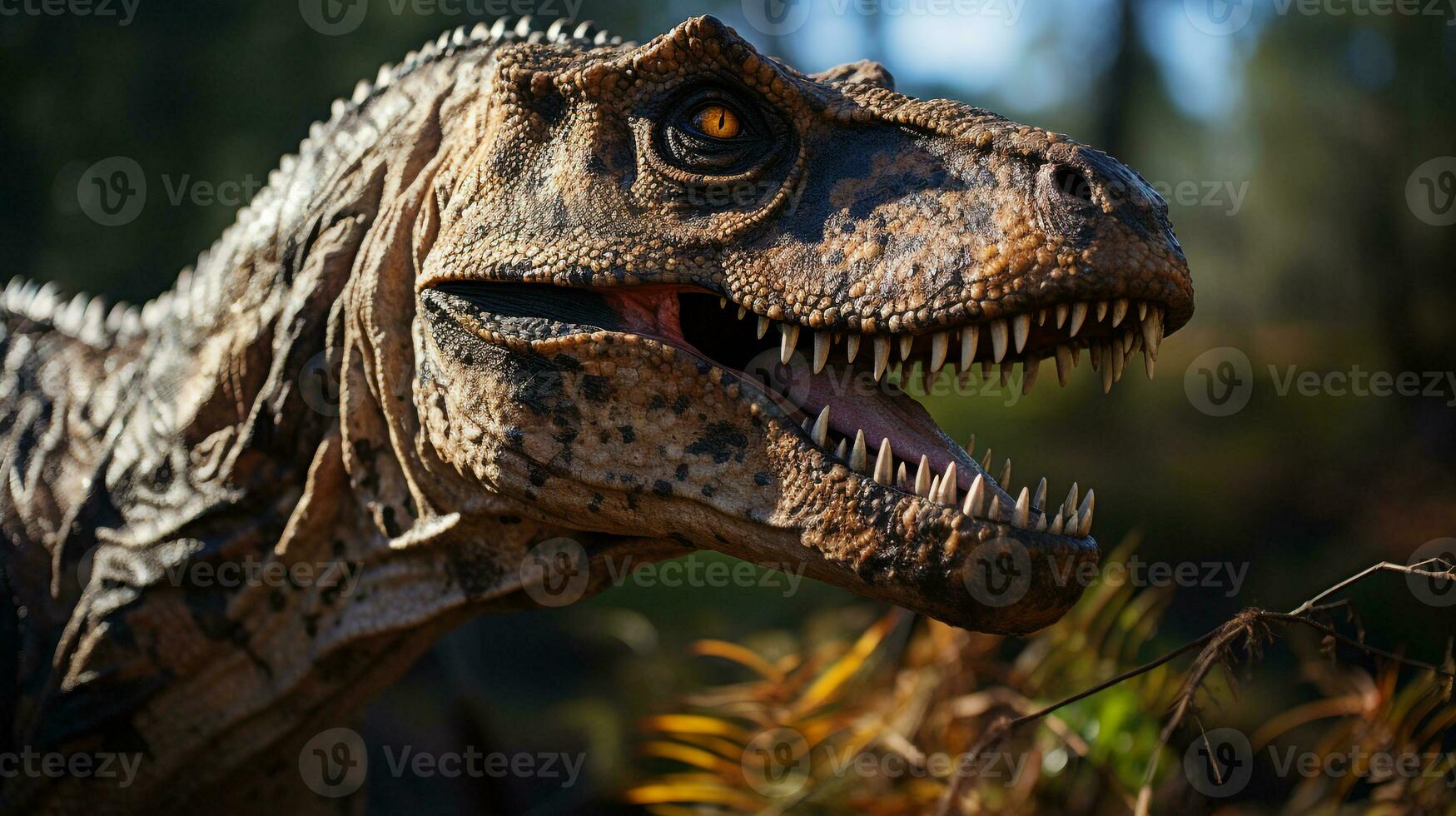avvicinamento foto di un' tirannosauro rex guardare nel loro habitat. generativo ai