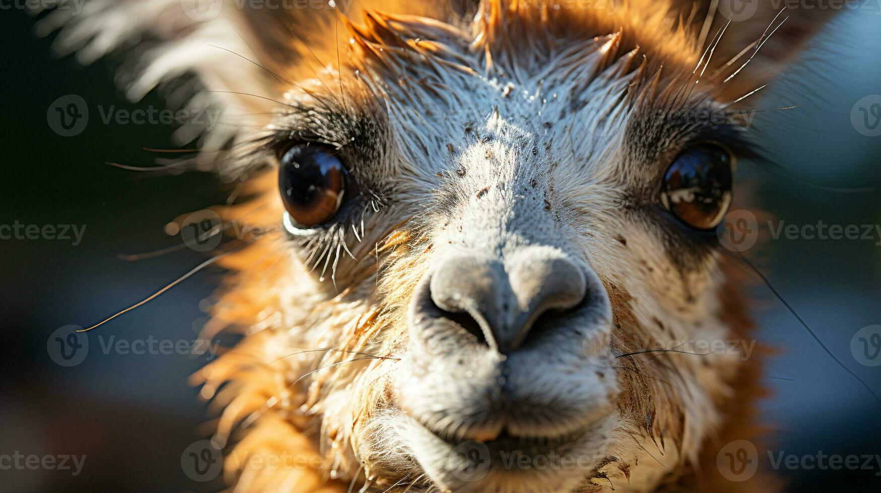 avvicinamento foto di un' lama guardare qualunque direzione. generativo ai