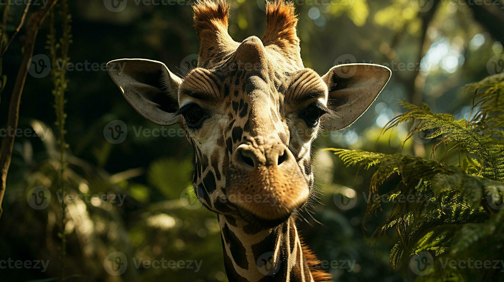 avvicinamento foto di un' giraffa guardare qualunque direzione su giungla. generativo ai