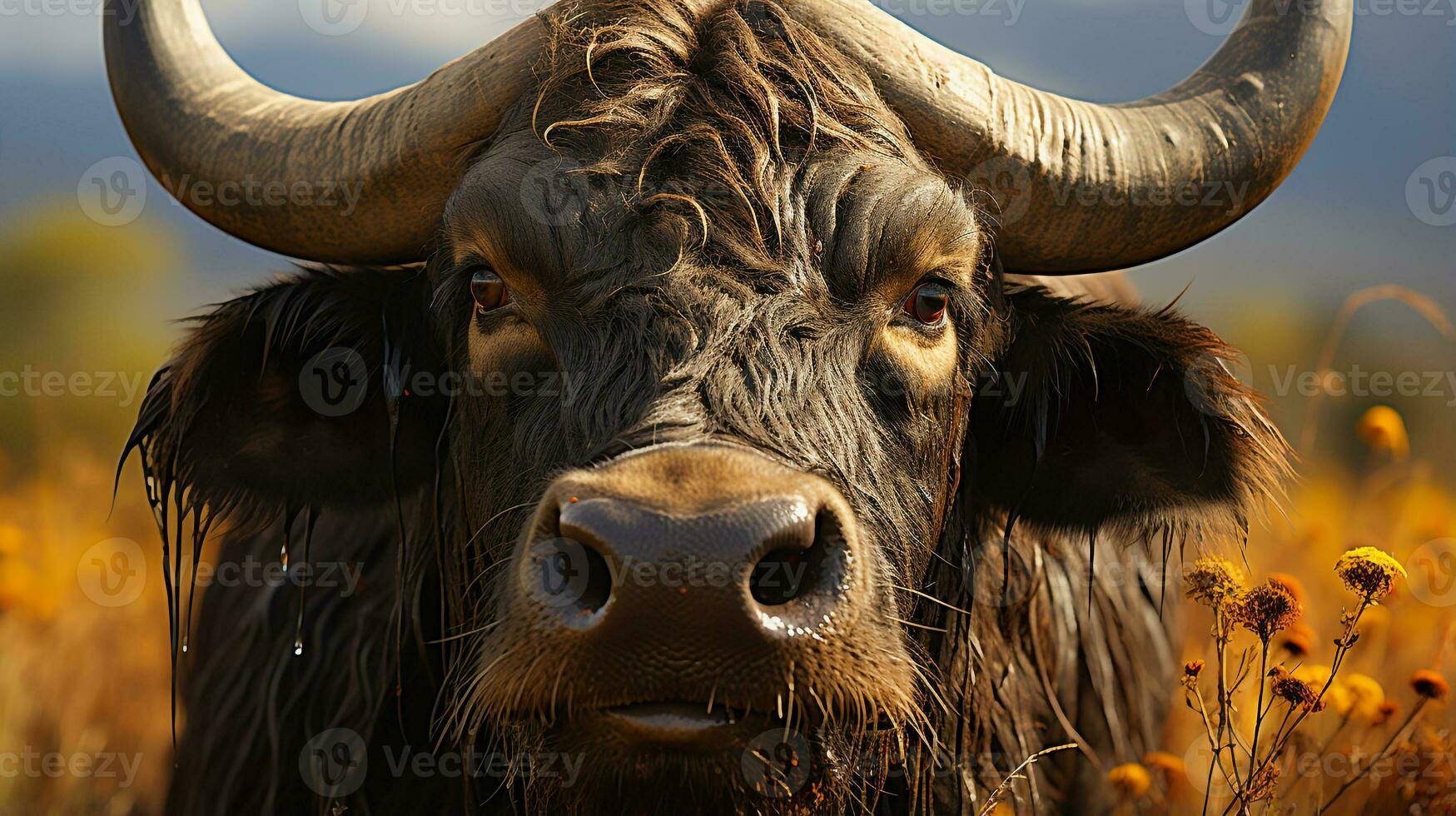 avvicinamento foto di un' bufalo guardare qualunque direzione. generativo ai