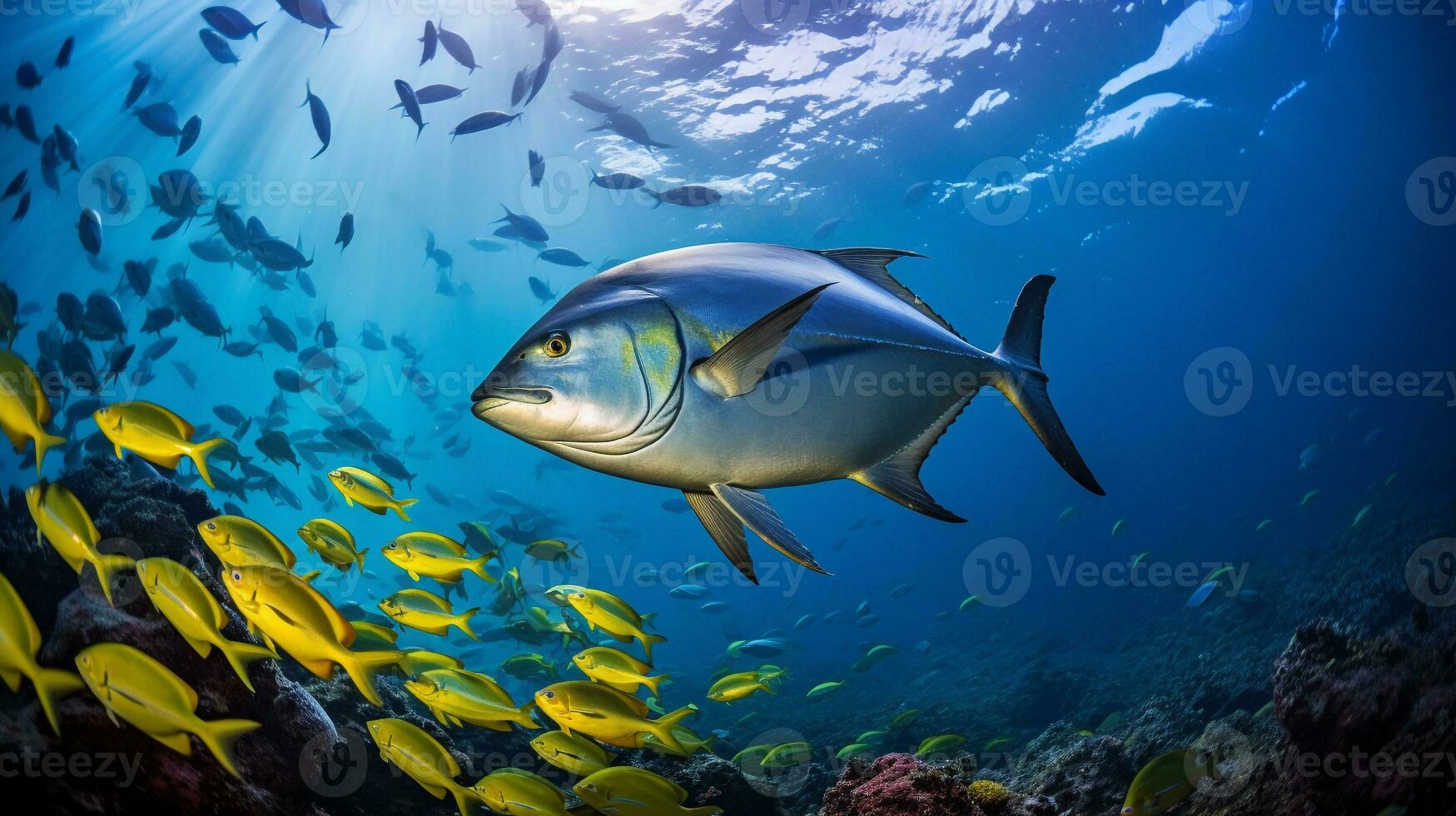 foto di pinna gialla tonno con vario pesce fra salutare corallo barriere nel il blu oceano. generativo ai
