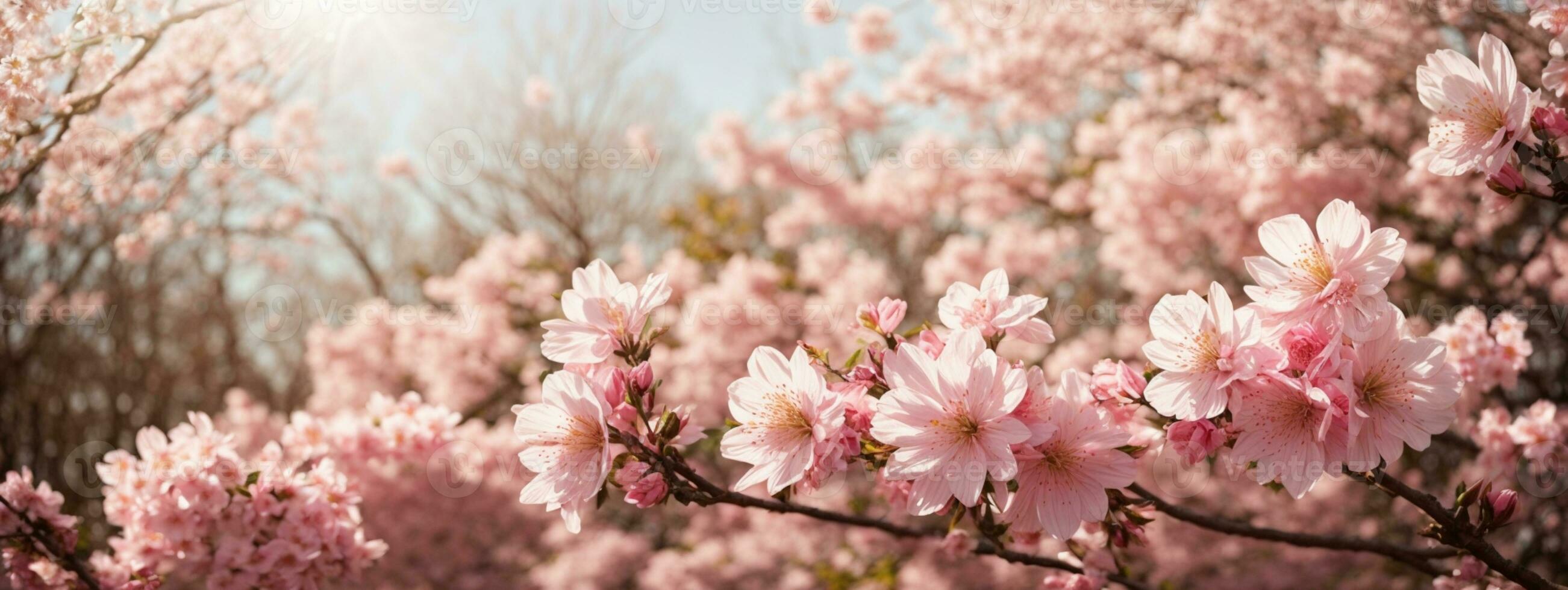 primavera confine o sfondo arte con rosa fiore. bellissimo natura scena con fioritura albero e sole bagliore. ai generato foto