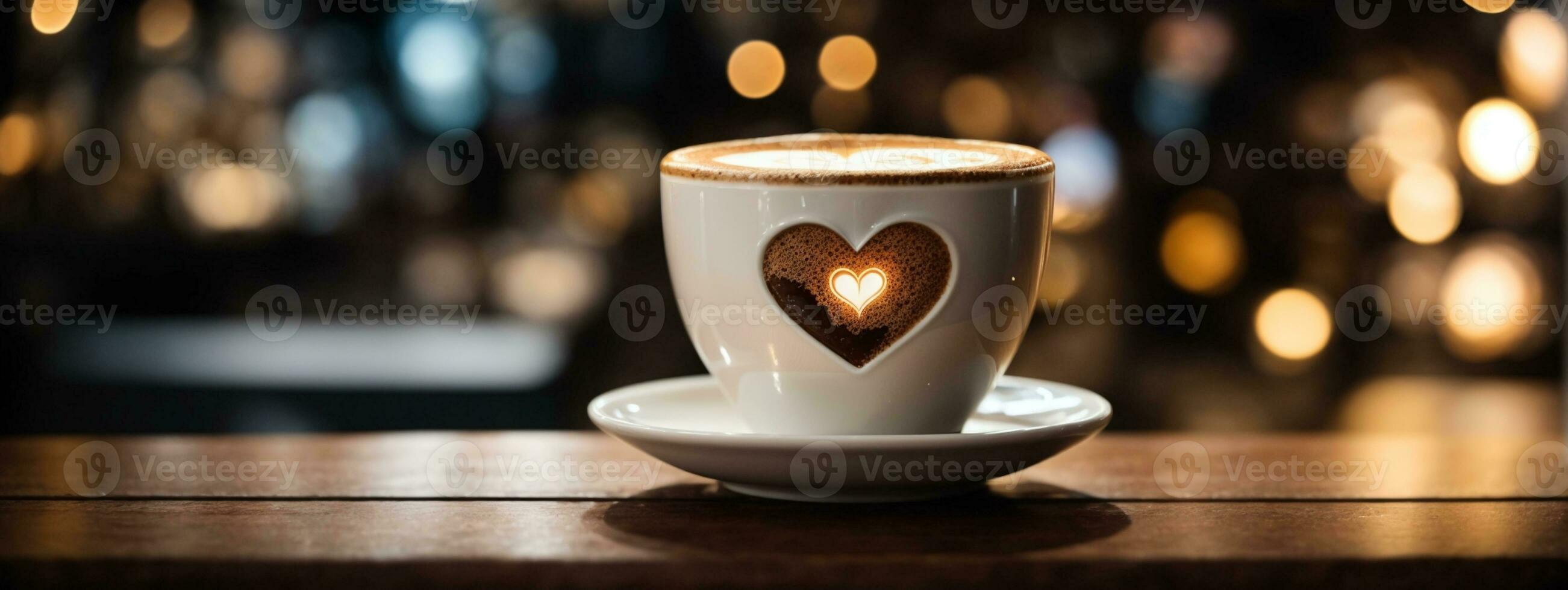 vicino su bianca caffè tazza con cuore forma latte macchiato arte su legna tab. ai generato foto